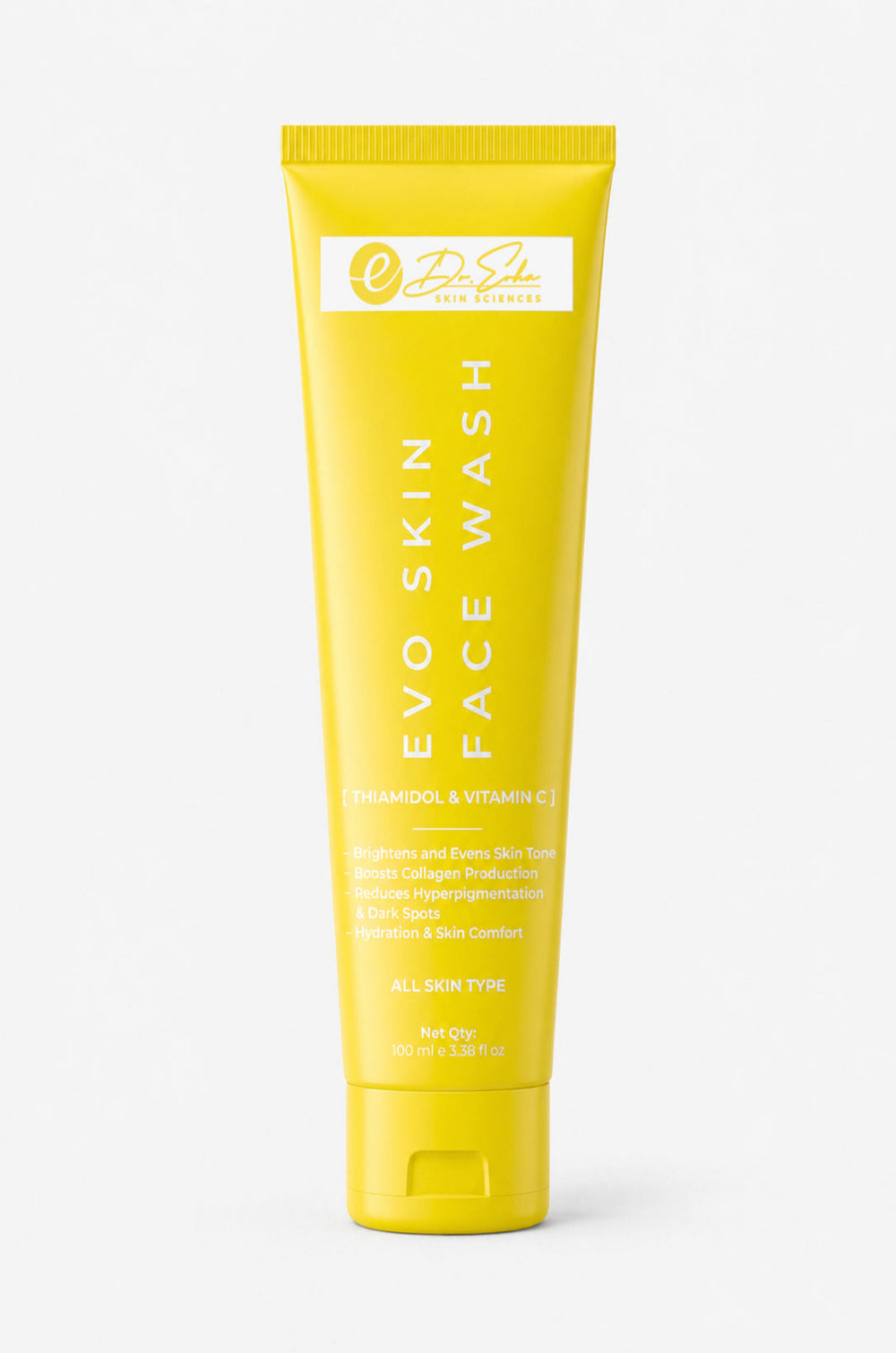 Yellow tube of Evoskin Face Wash on a white background