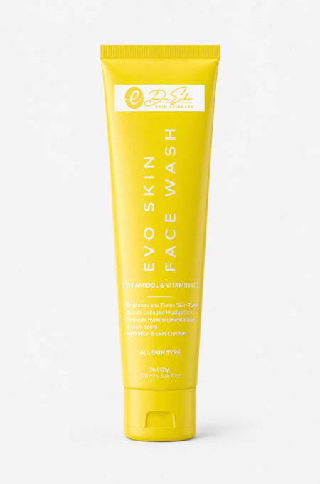 Yellow tube of Evoskin Face Wash on a white background