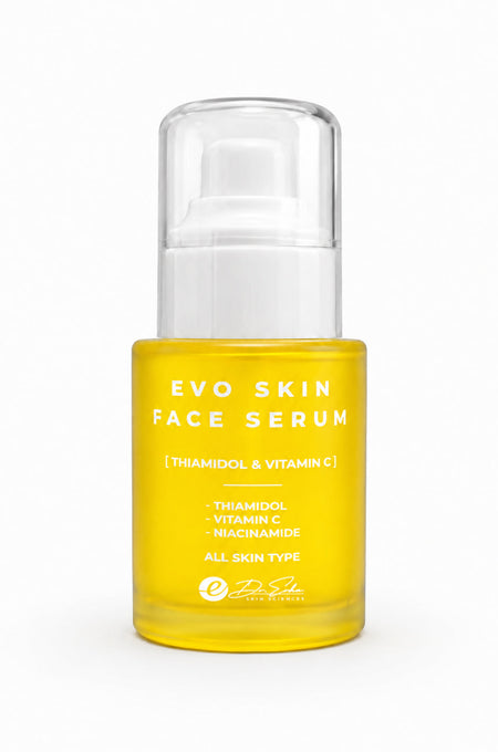Evo Skin face serum bottle on a white background